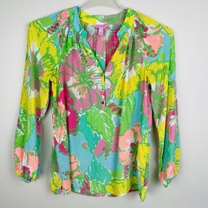 Lily Pulitzer Elsa Silk Top Size Small Big Flirt Floral Colorful Tropical FLAW